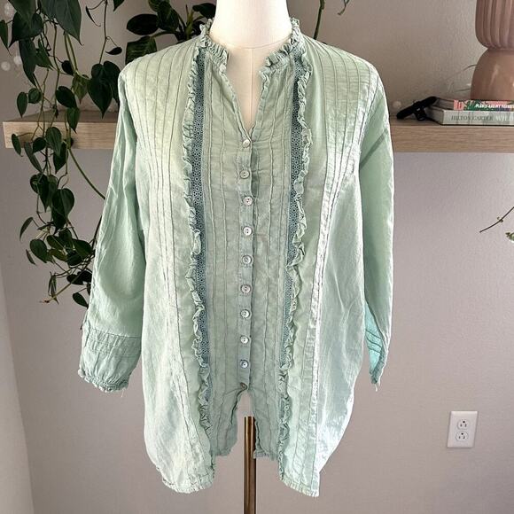 JP and Mattie Pale Green Ruffle Pintuck Top M Cottagecore Boho Feminine Romantic - Picture 1 of 10